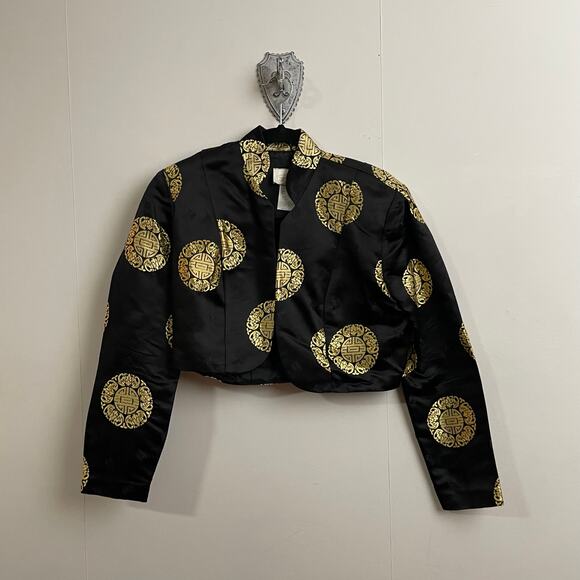 Cache XS black gold long sleeve blazer crop top metallic evening Asian pleated - Picture 1 of 7